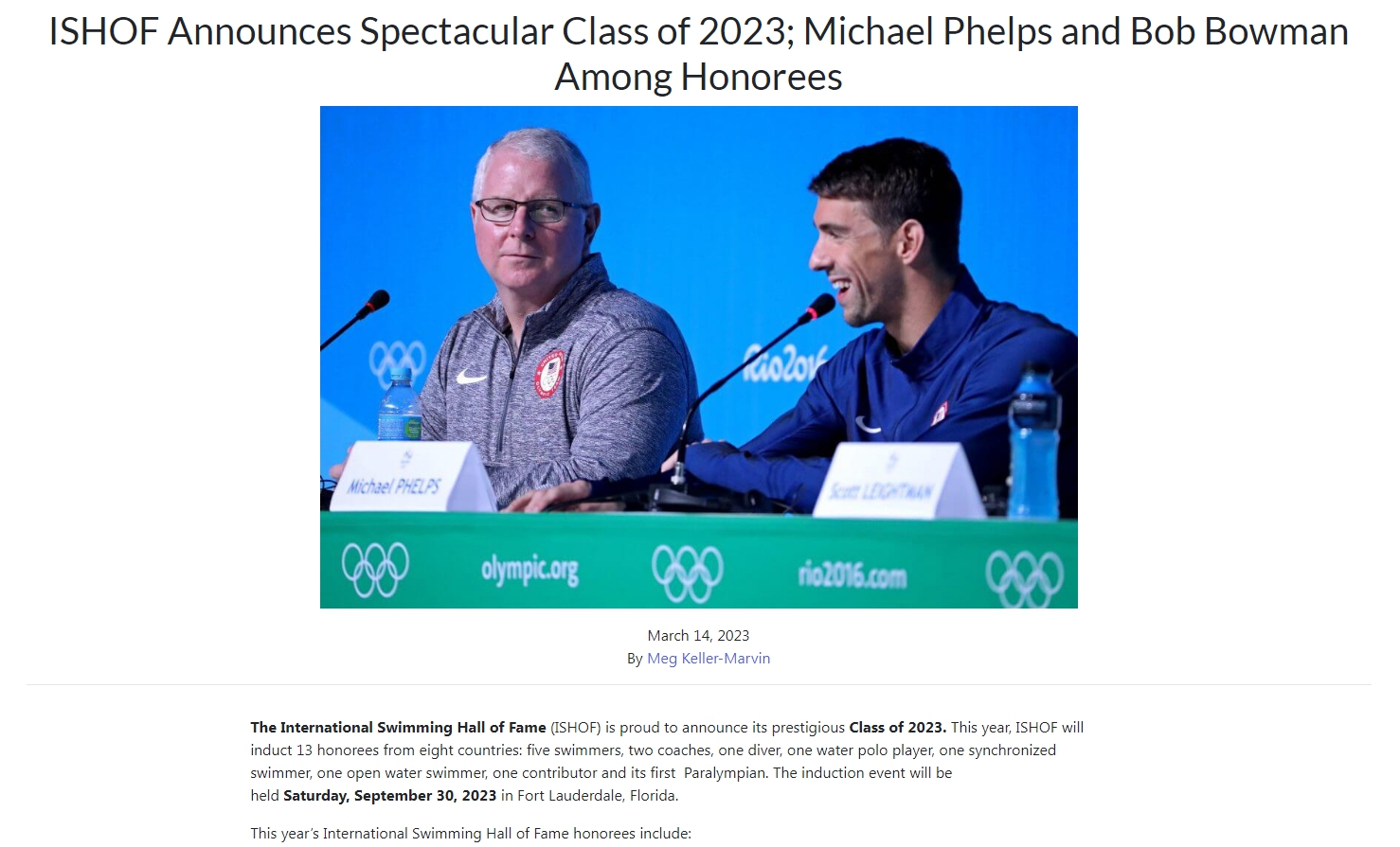 2023国际游泳名人堂新增19位传奇选手 仪式将于