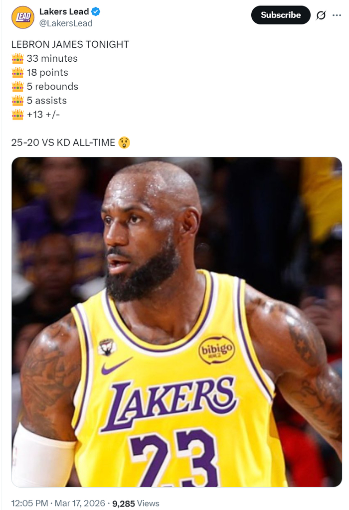 41岁勒布朗带伤狂砍18+5+5 领航湖人掀翻火箭